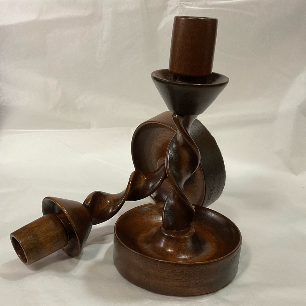 Vintage Carved Barley twist wooden taper candle holders deep brown